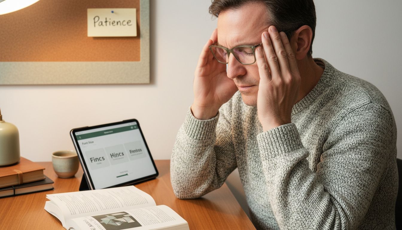 Man adjusting to new reading glasses at desk