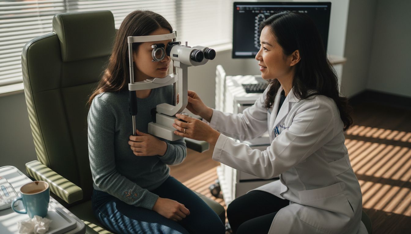 Patient undergoing eye exam for lens measurement