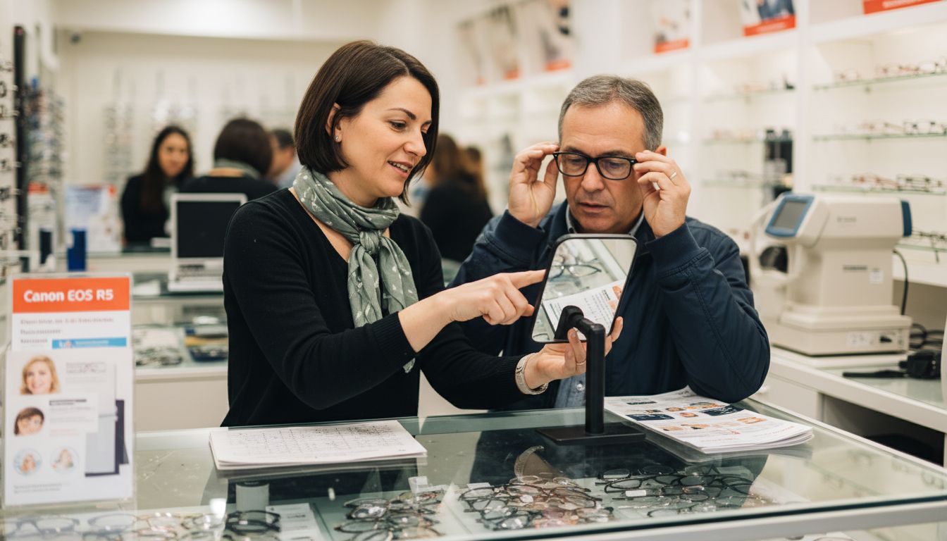 Optician fitting customer with reading glasses
