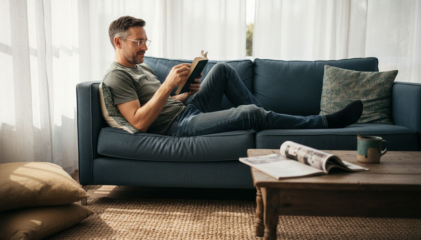 Man reading with lightweight glasses in sunroom