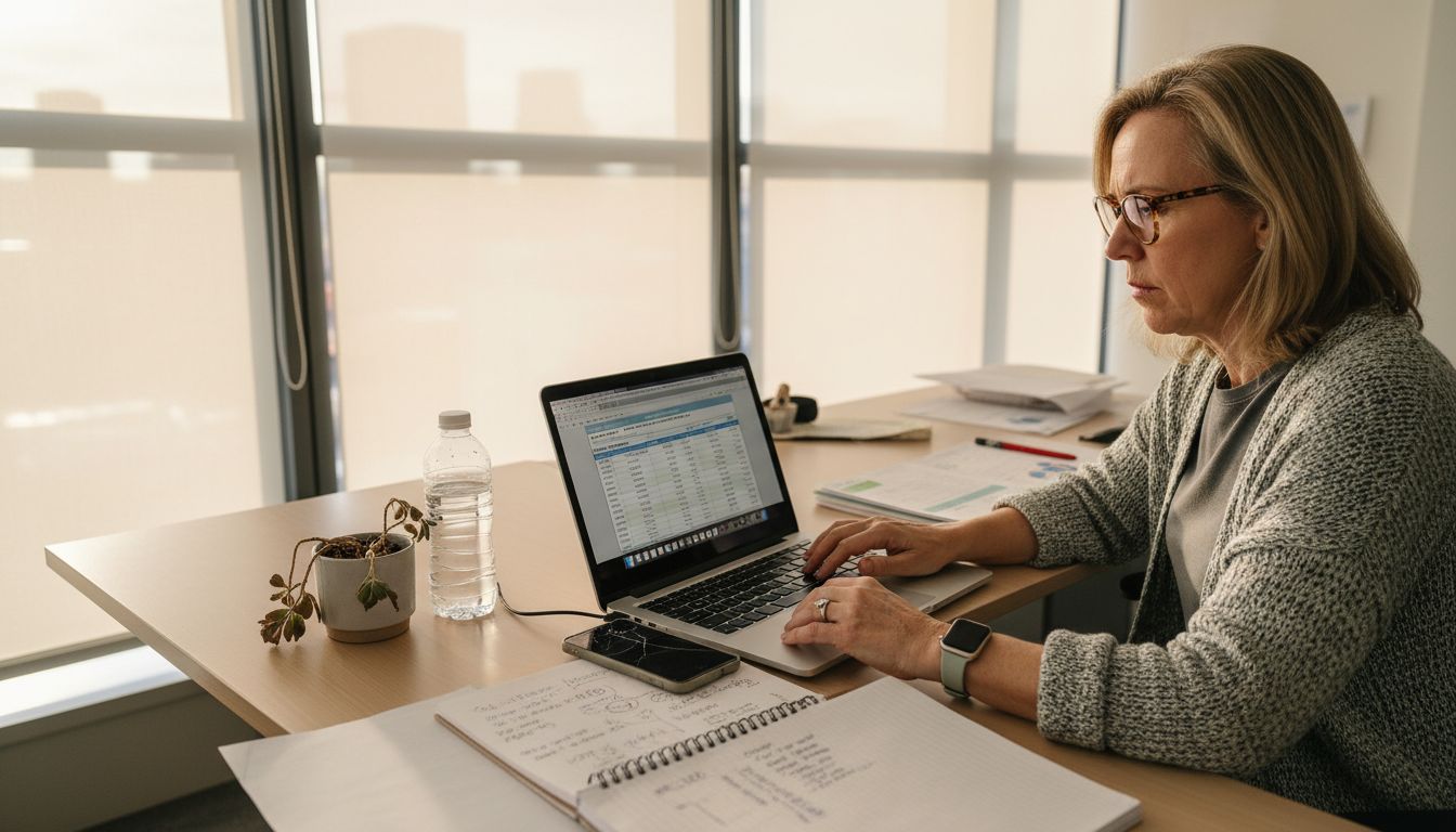 Woman wearing reading glasses using laptop