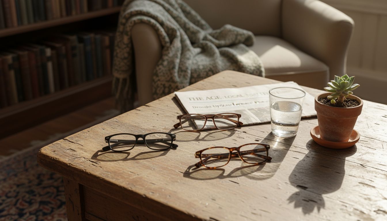 Three men’s reading glasses styles on tabletop