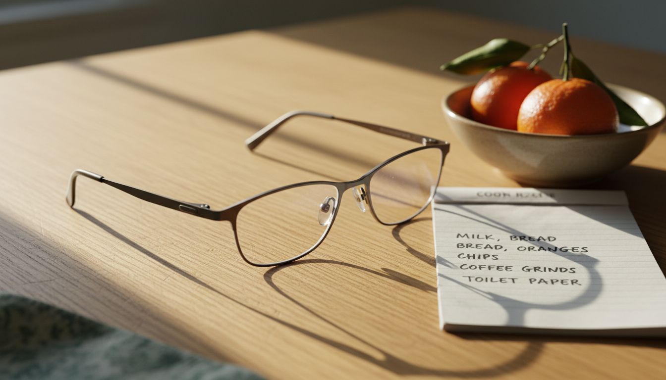 Close-up of titanium reading glasses on table