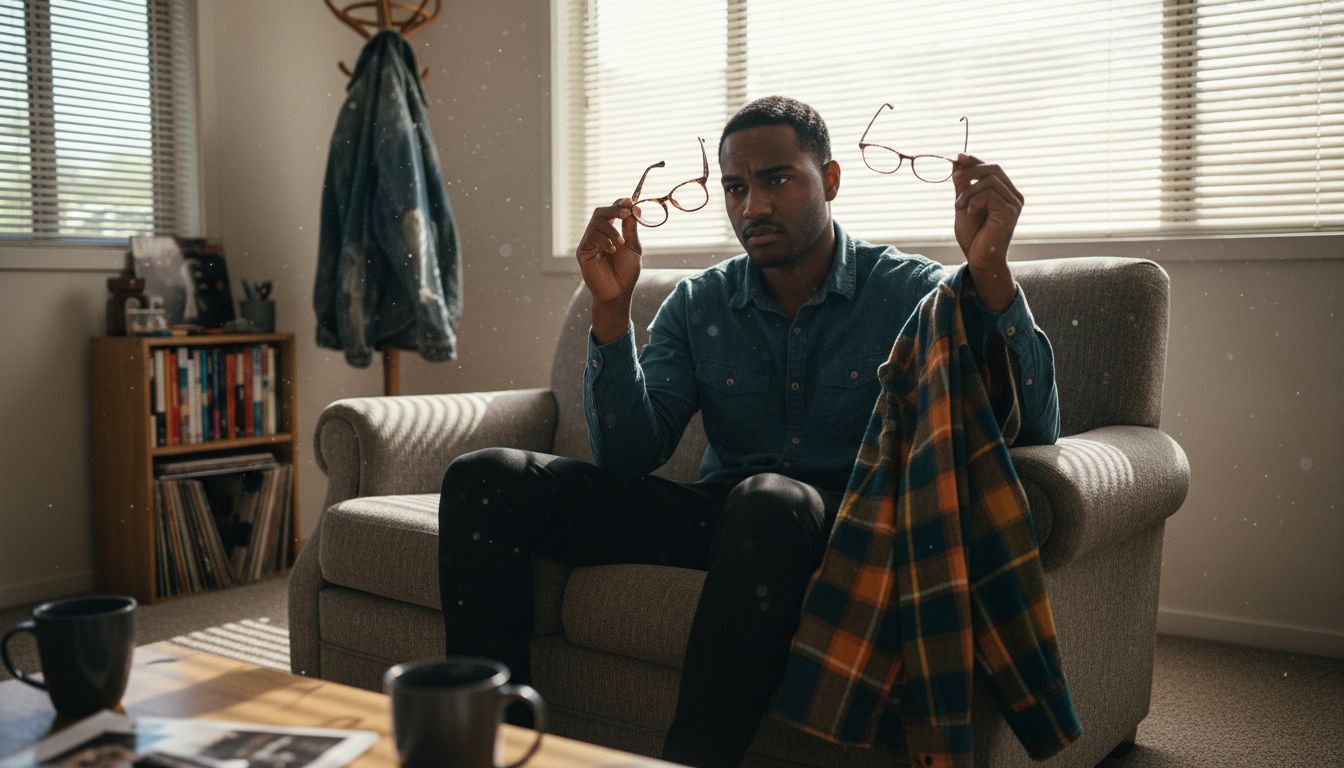 Man matching glasses with shirt colors