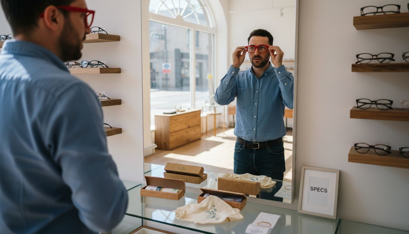Man trying bold statement frames in store