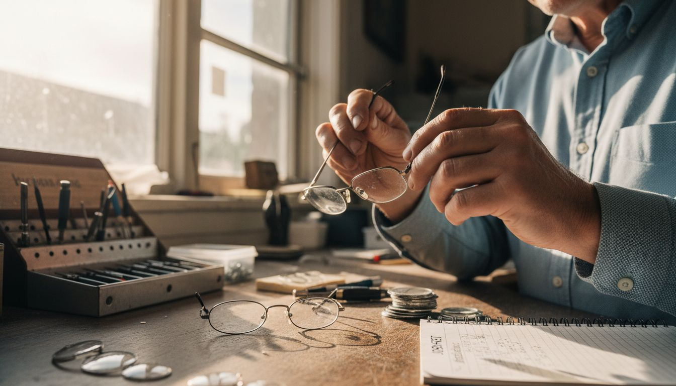 Man handling titanium reading glasses at desk