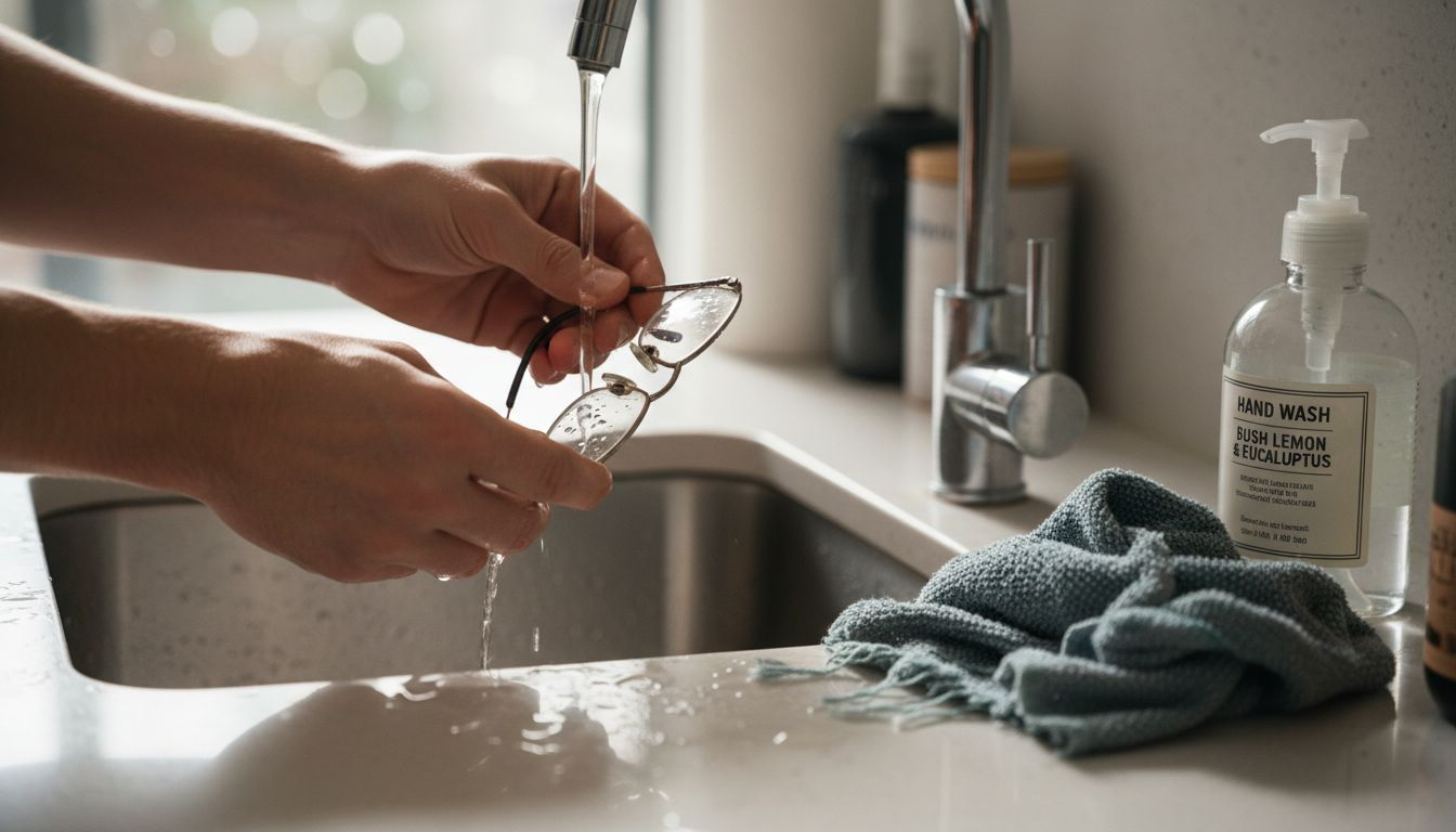 Rinsing dust off reading glasses under faucet
