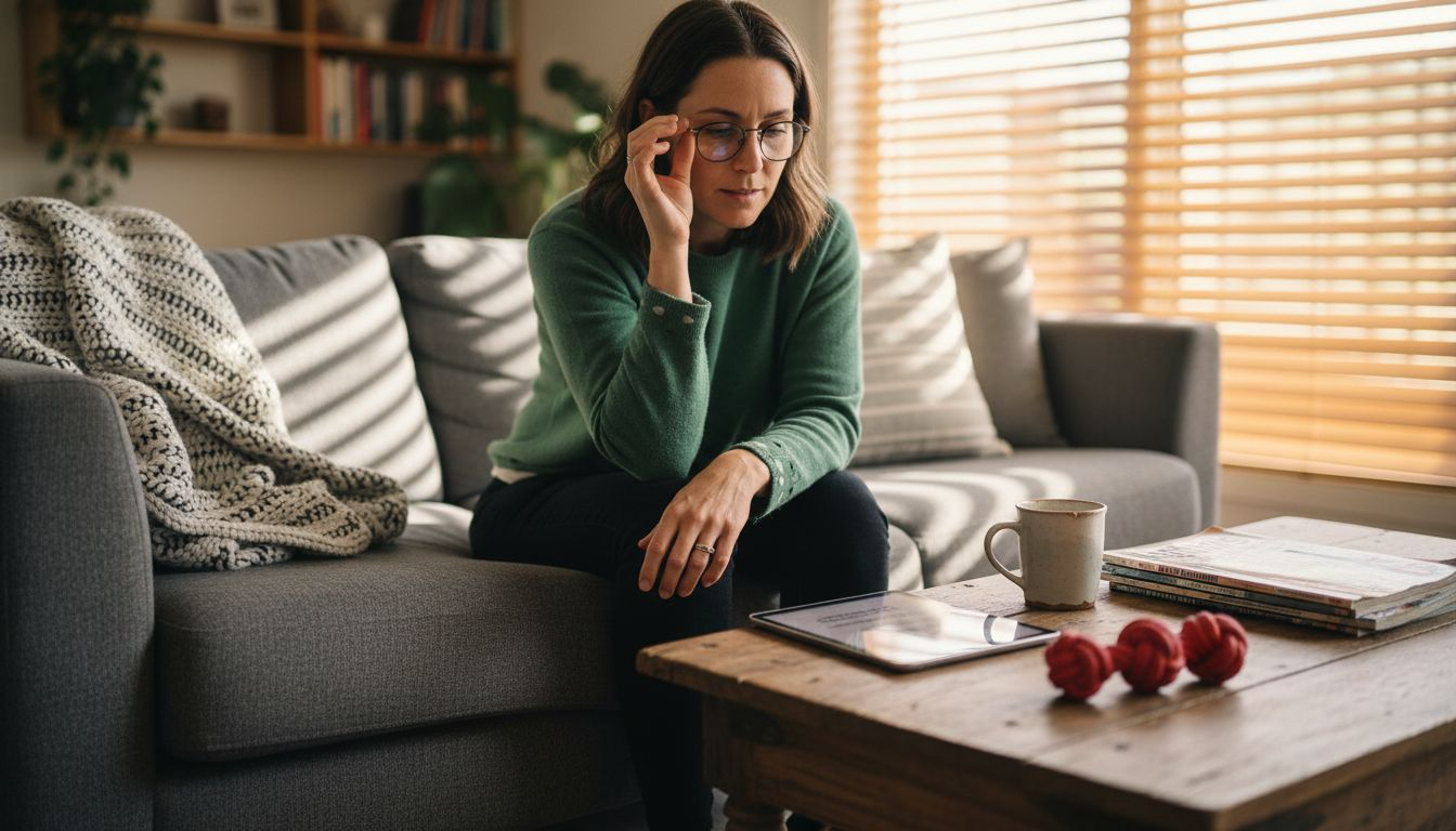 Woman adjusting reading glasses on sofa