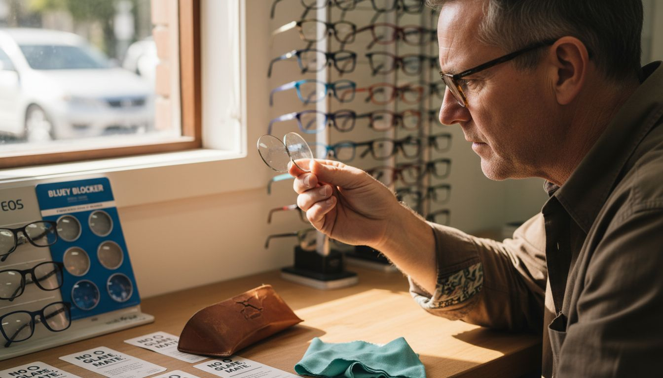 Trying advanced glasses at optical shop counter