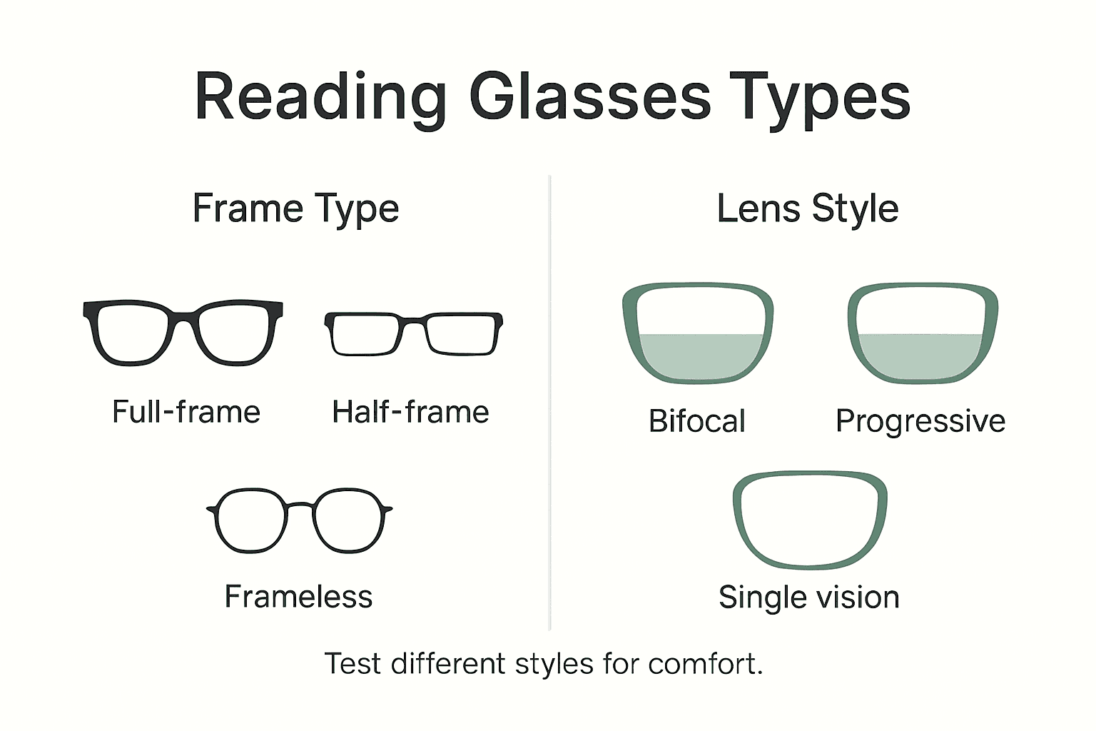 Infographic comparing reading glasses types and styles