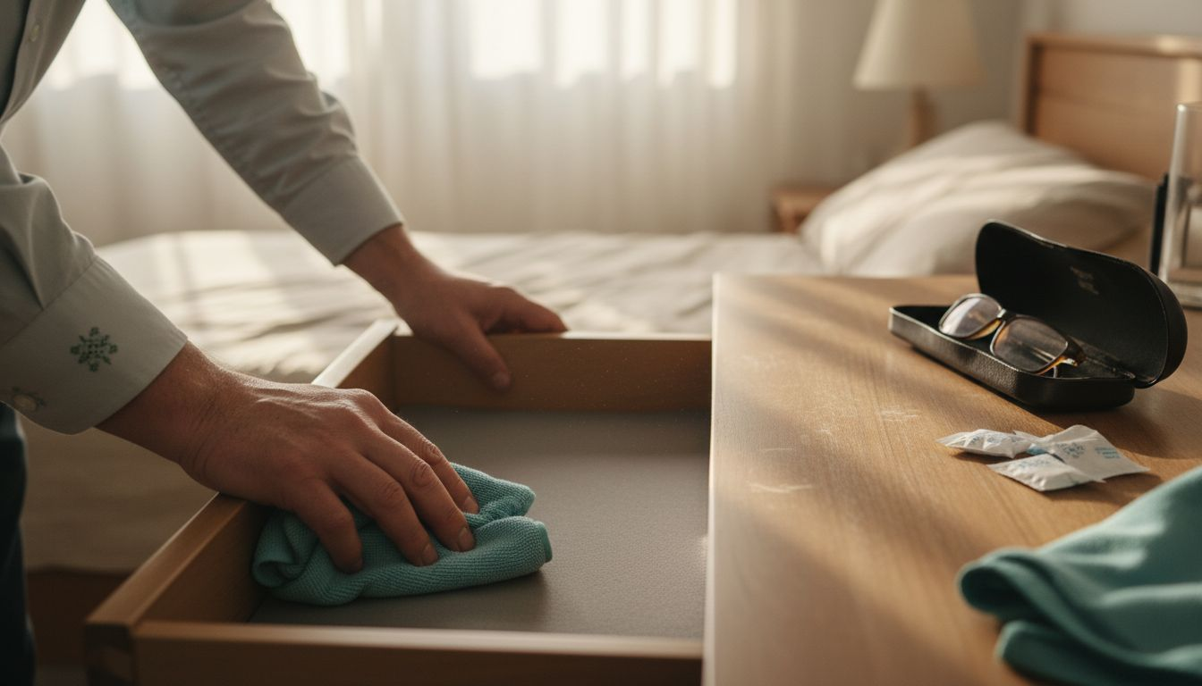 Man cleaning out drawer for glasses storage