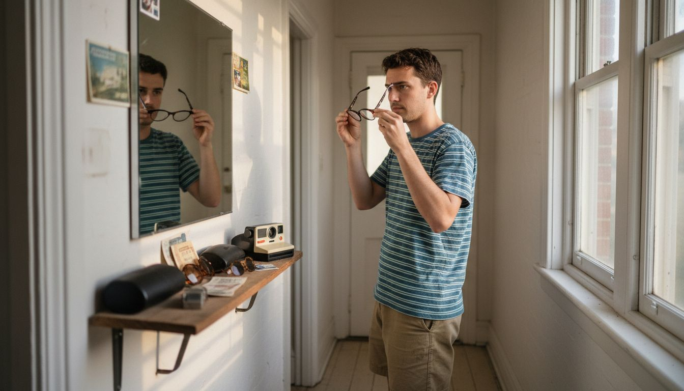 Man comparing eyeglass frames in hallway mirror