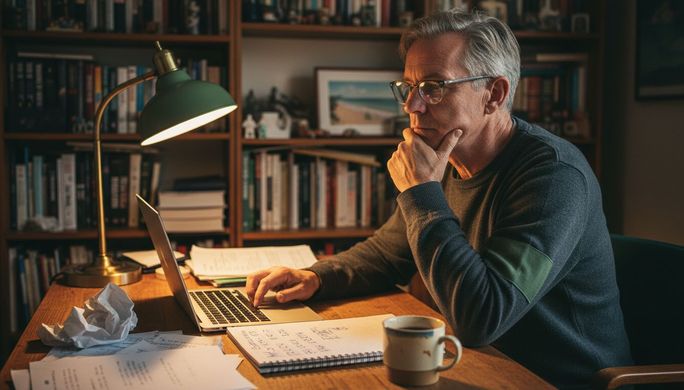 Man using multifocal glasses at home desk