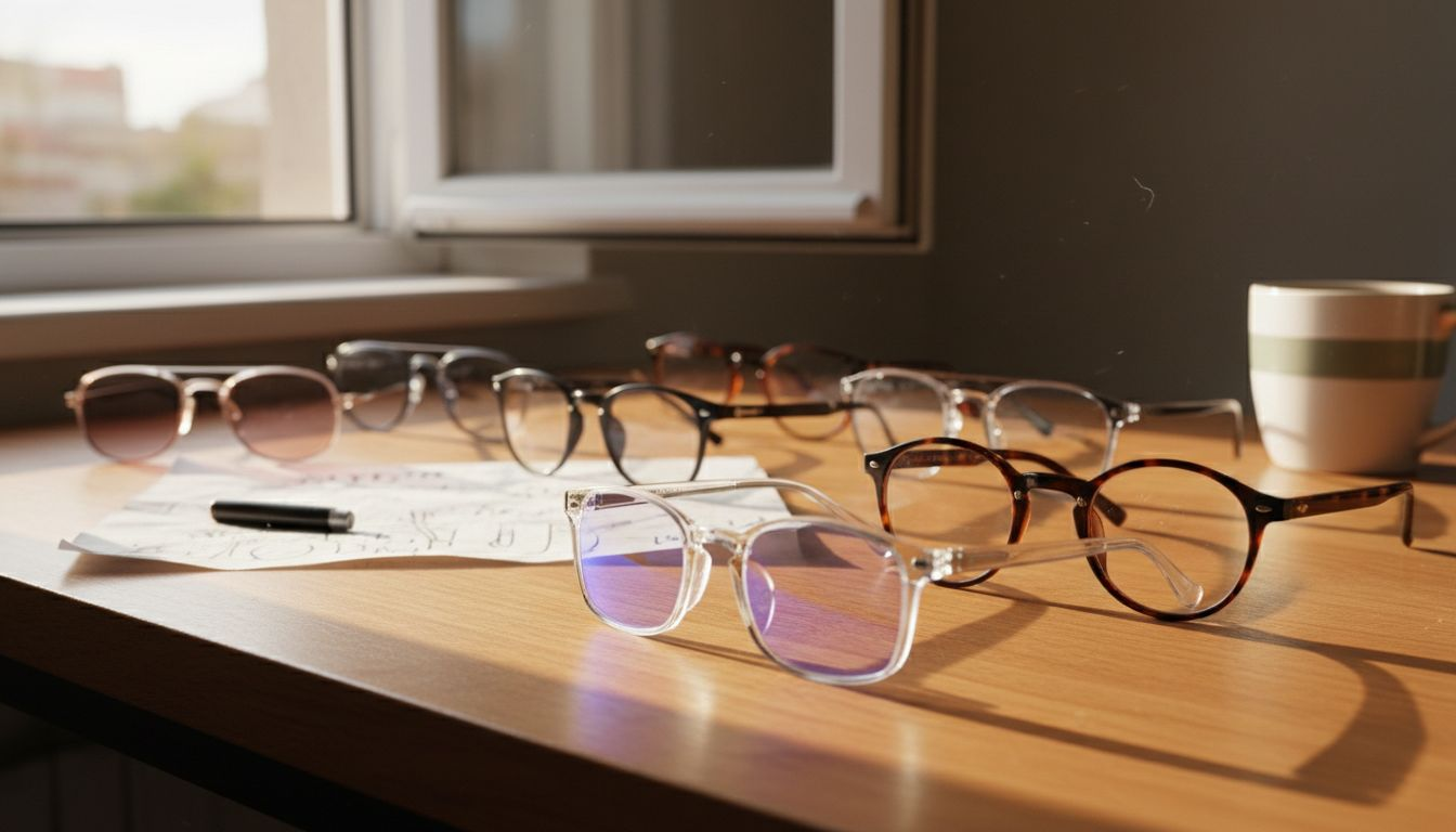 Various computer glasses types on desk