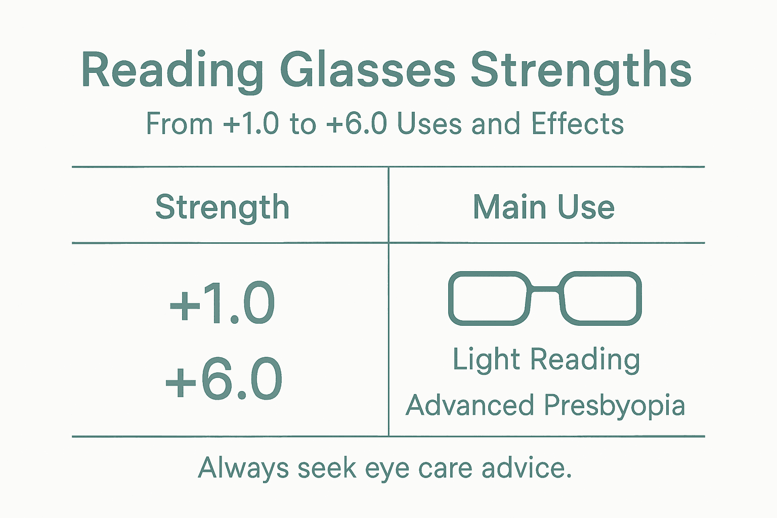 Infographic showing reading glasses strengths and uses
