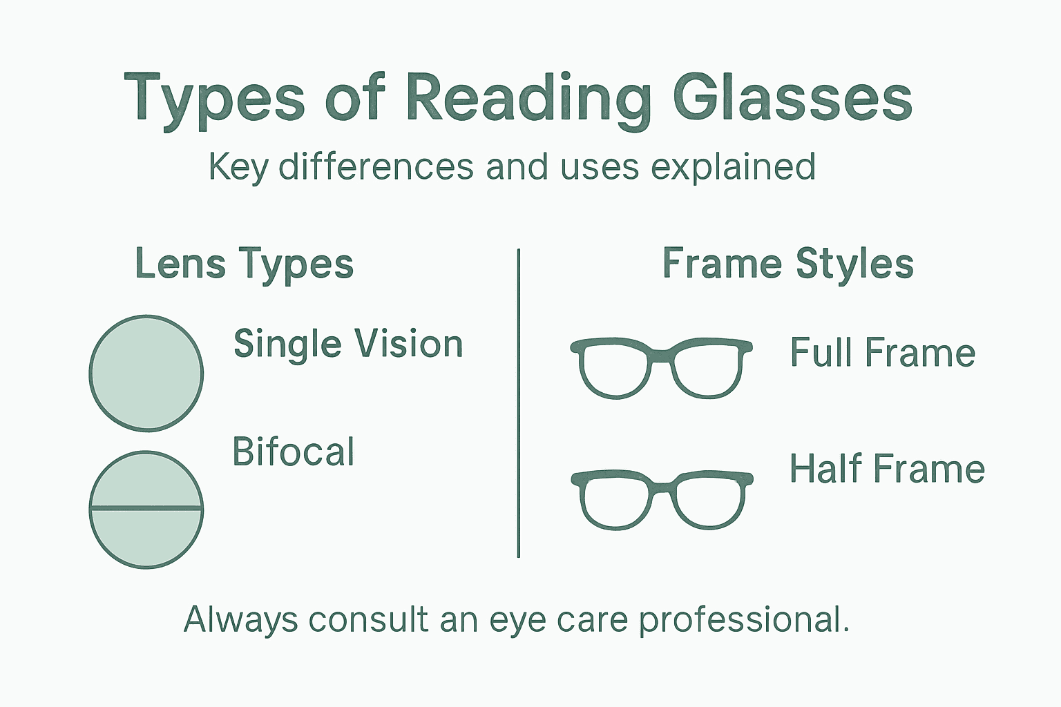 Infographic summarizing reading glasses types and styles