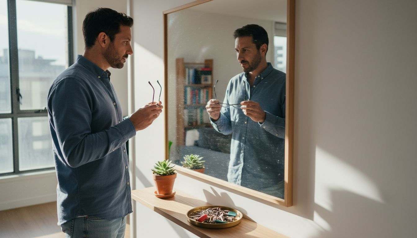 Man comparing glasses frames by mirror