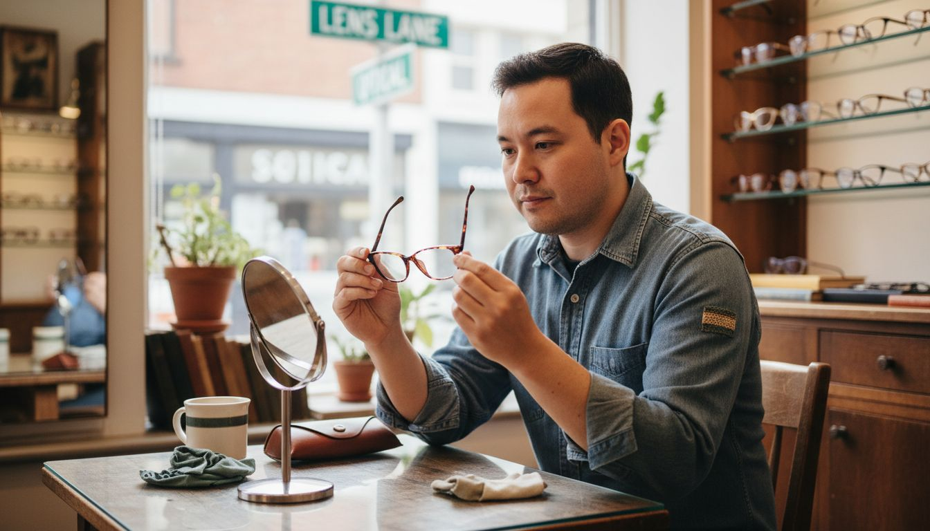 Man compares square and cat-eye glasses