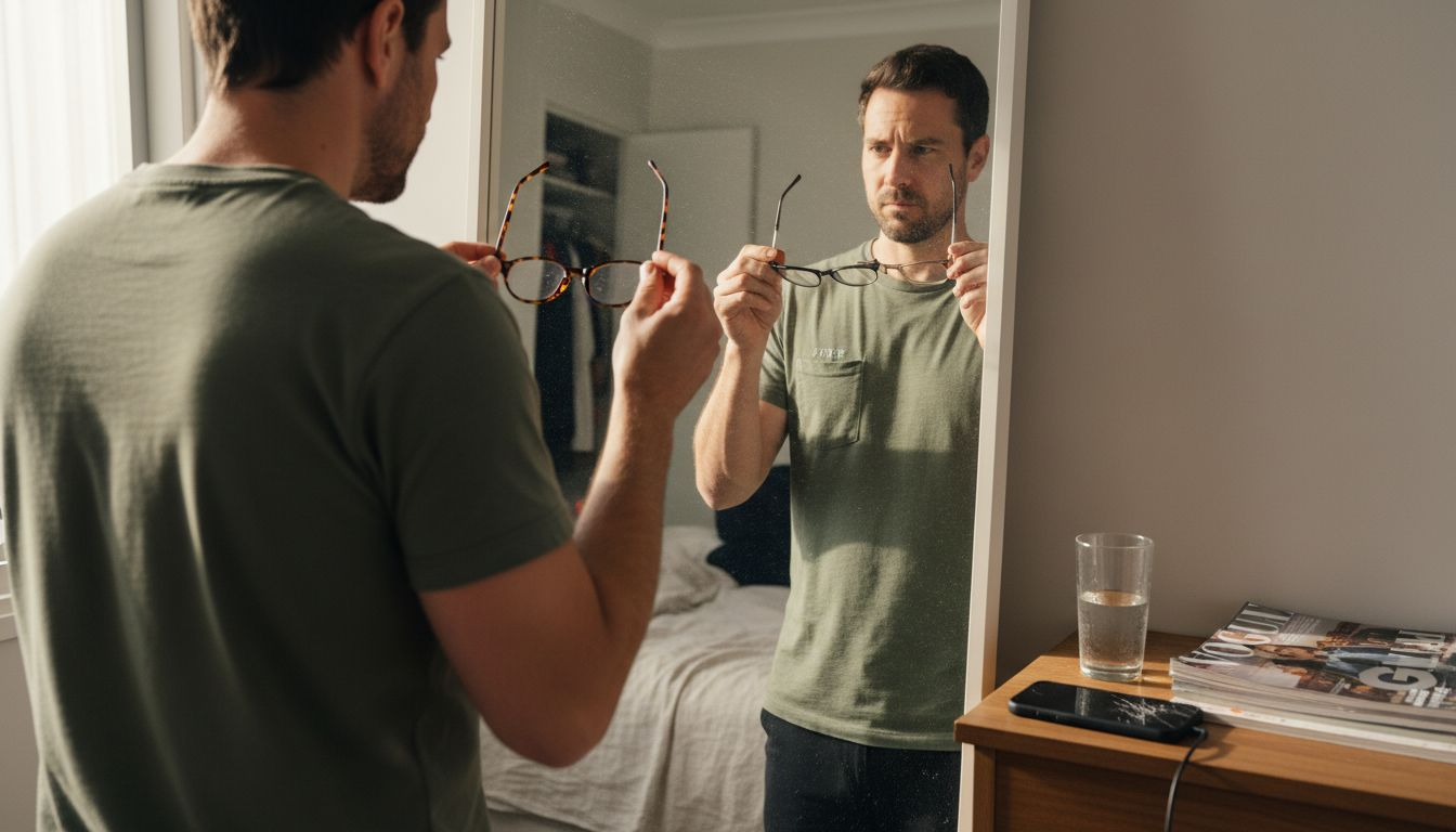 Man comparing eyewear frame shapes in mirror