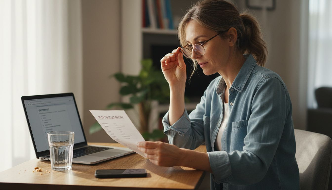 Woman adjusting reading glasses at table