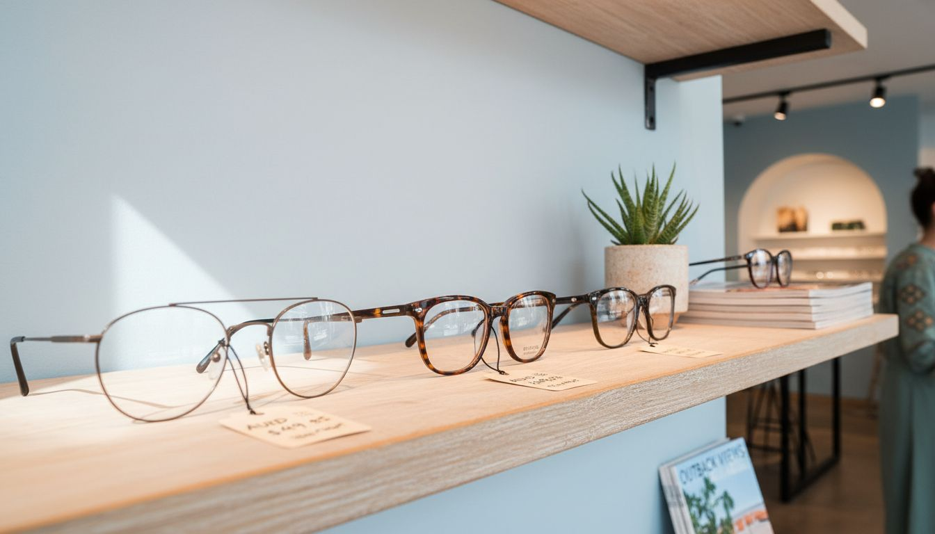 Fashionable cheater glasses on boutique display shelf