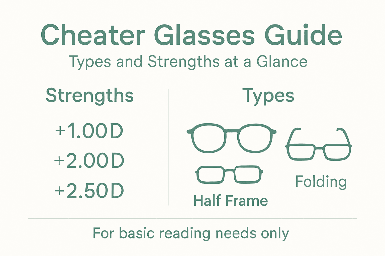 Infographic showing cheater glasses strengths and types