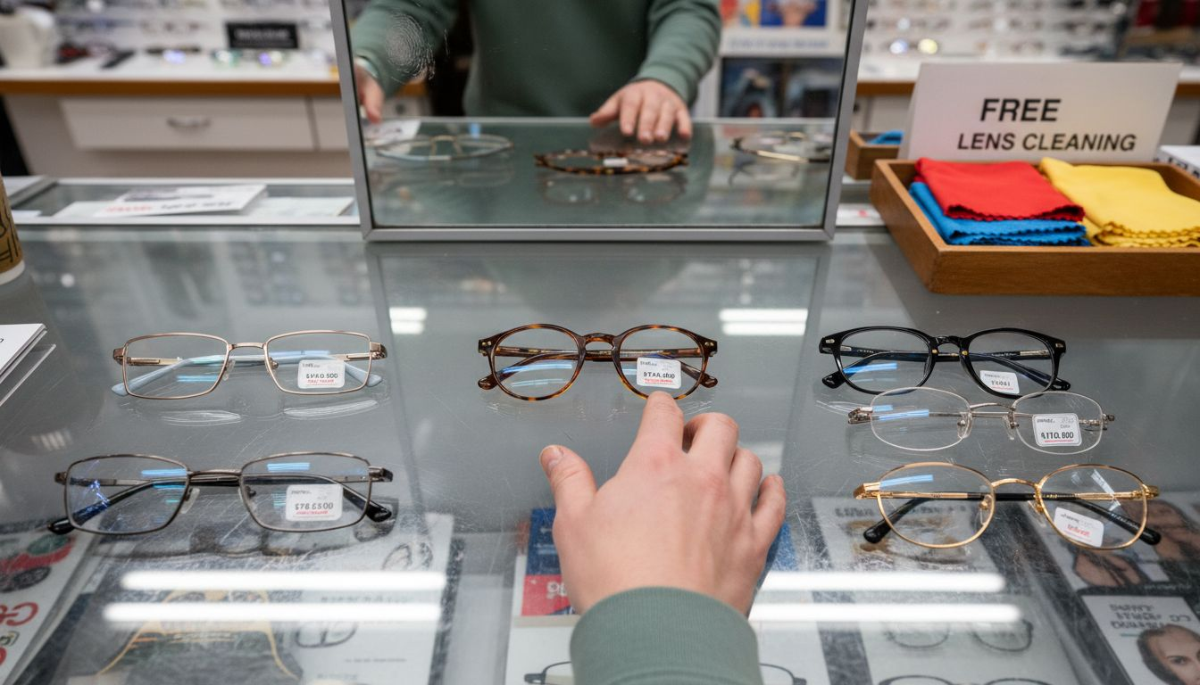 Eyeglass frames in different styles on countertop