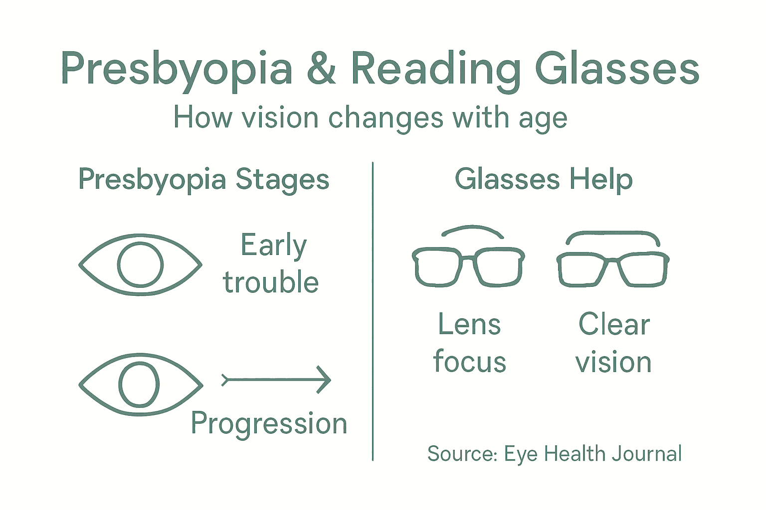 Infographic on presbyopia stages and glasses