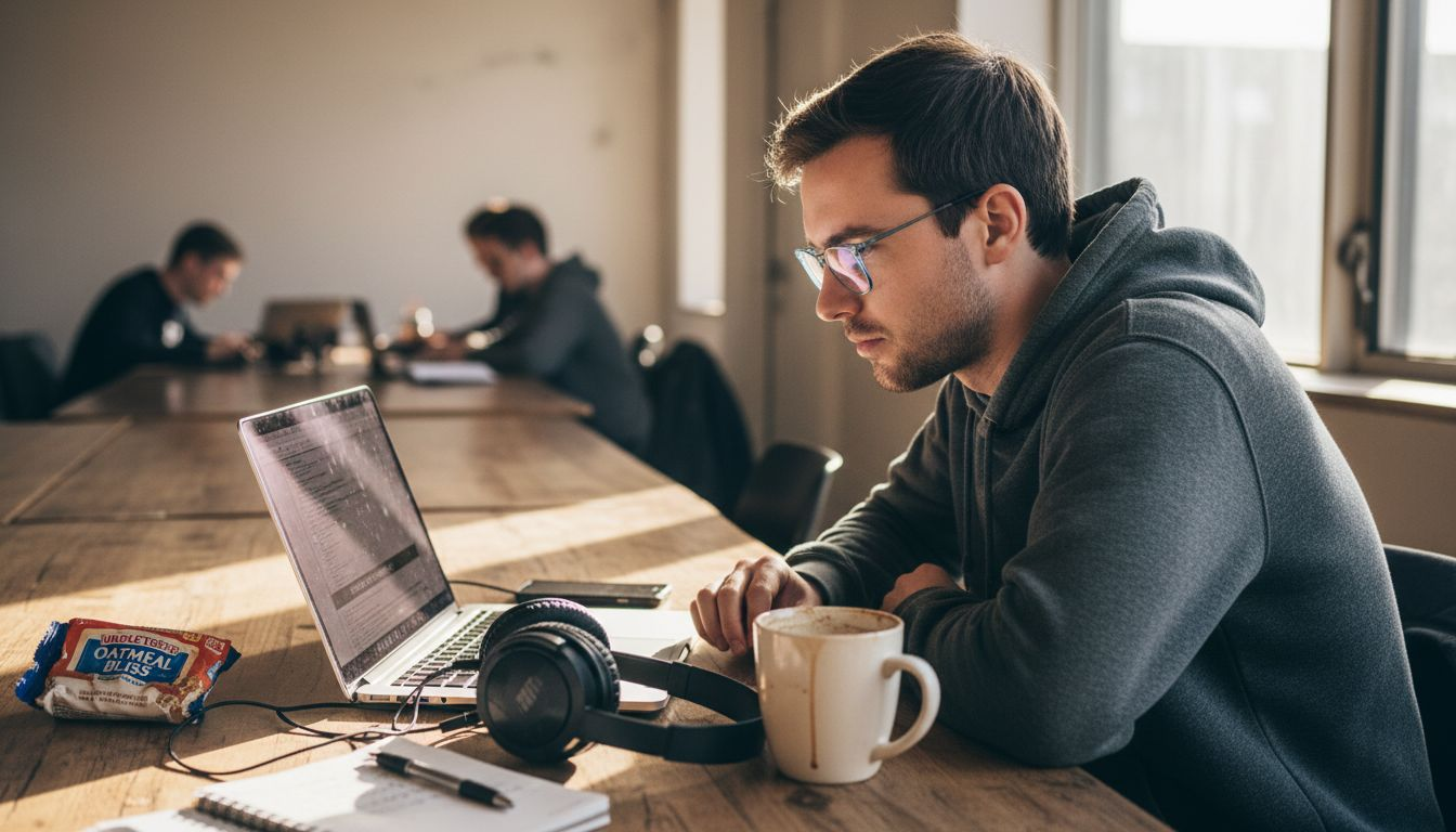 Man wearing blue light glasses using laptop