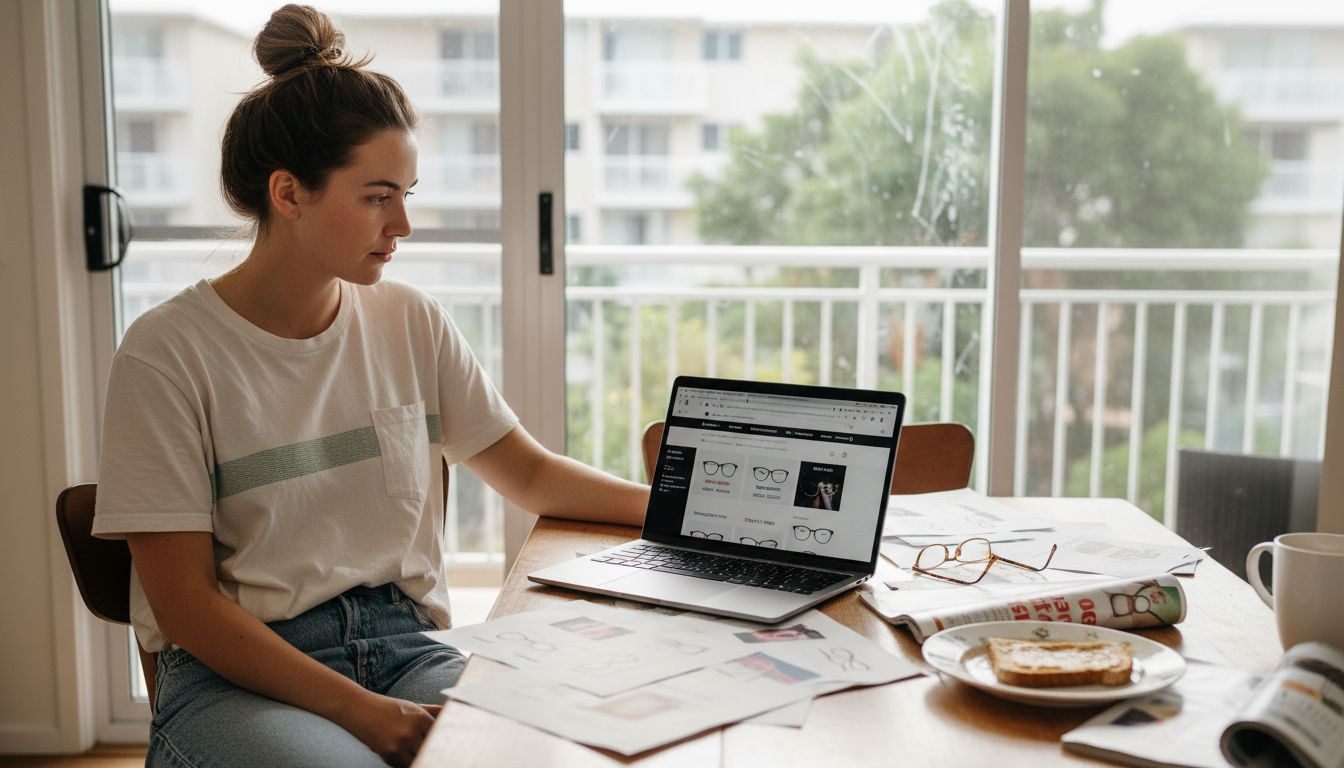 Woman comparing online glasses options and prices