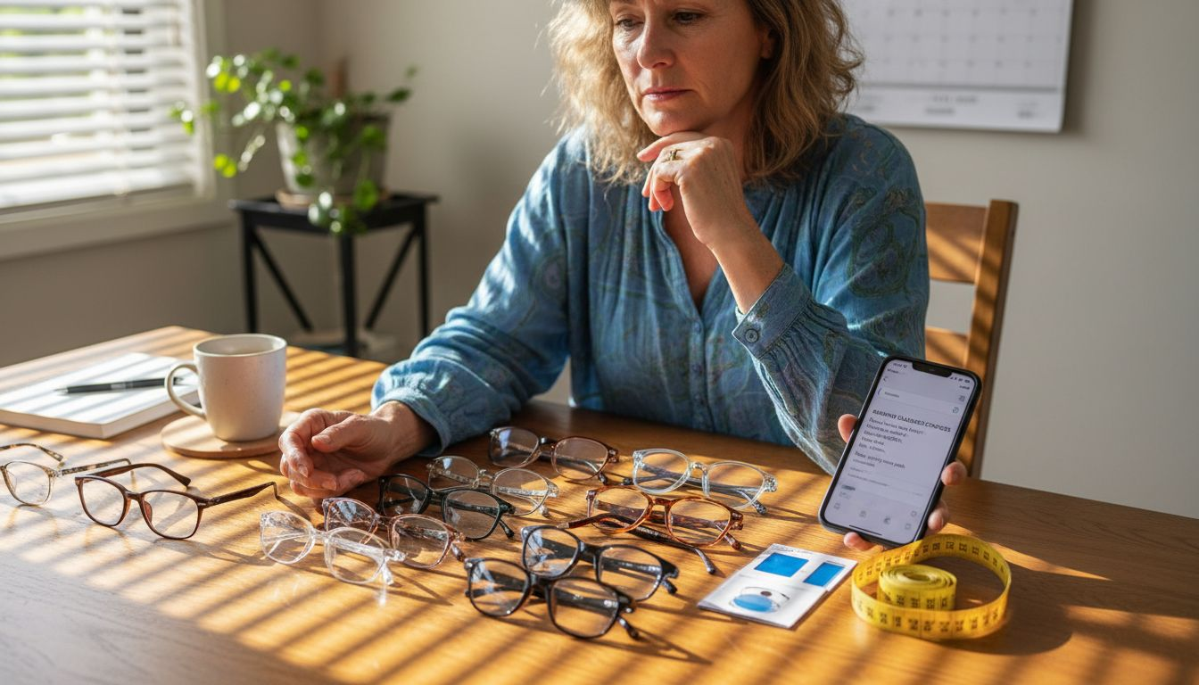 Woman comparing reading glasses frames at table