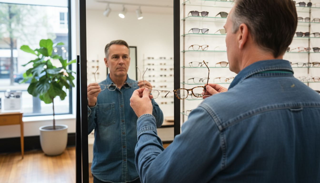 Man inspecting metal and plastic eyeglass frames
