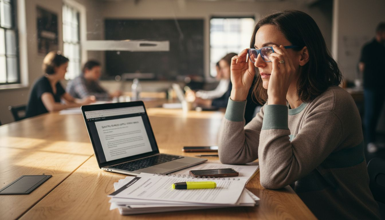 Woman adjusting blue-light glasses at desk