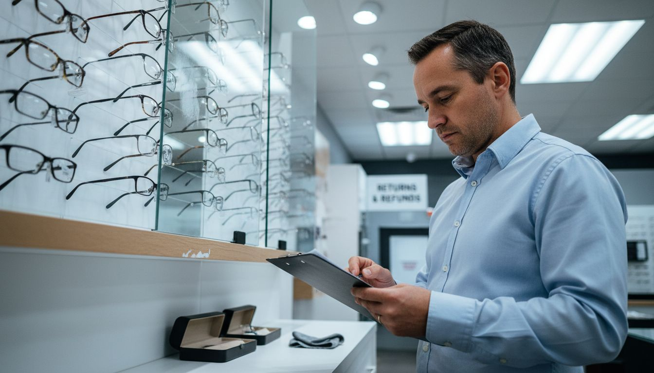 Retail manager reviewing eyewear policies