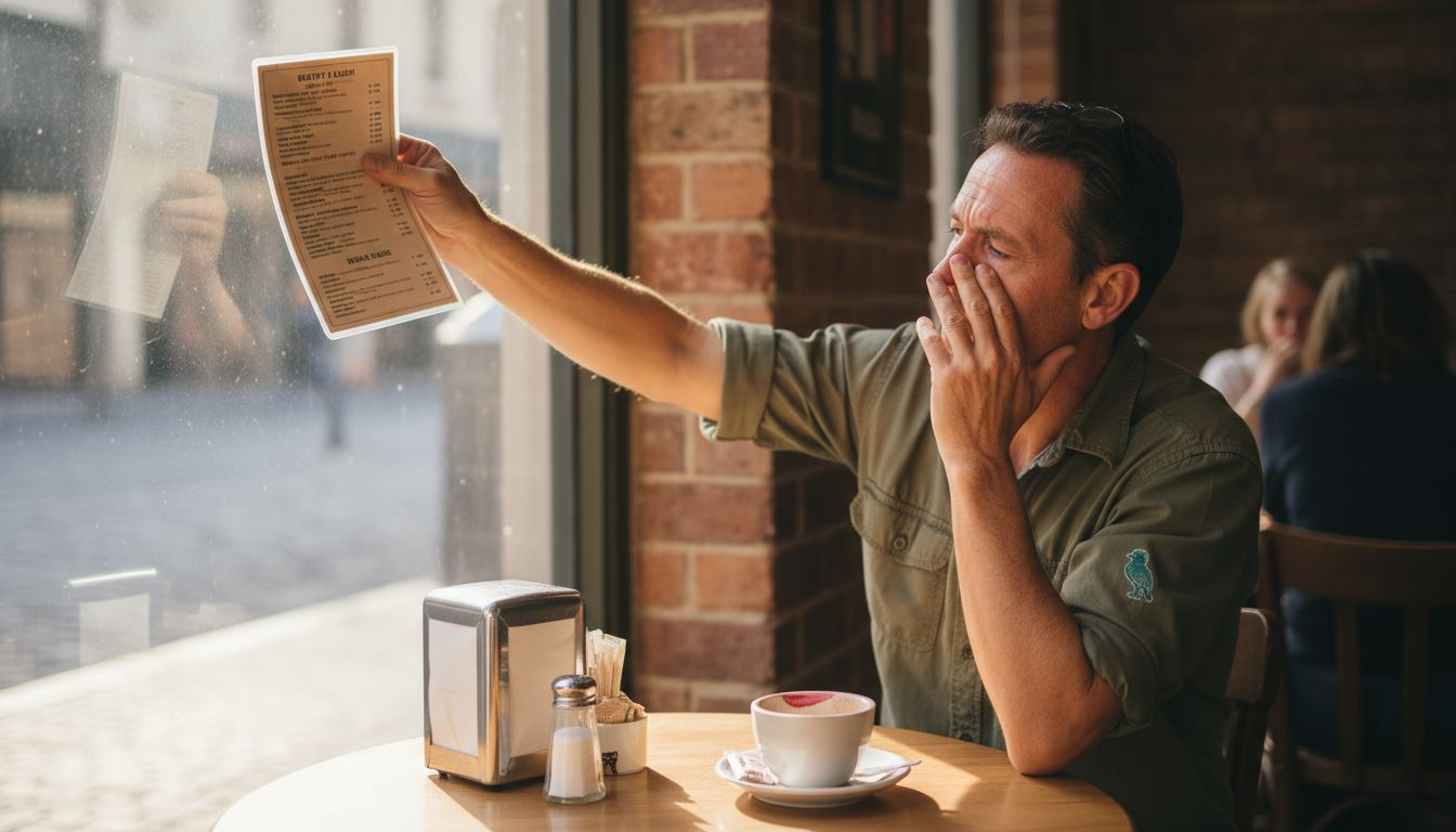 Man holding menu far away, reading difficulty