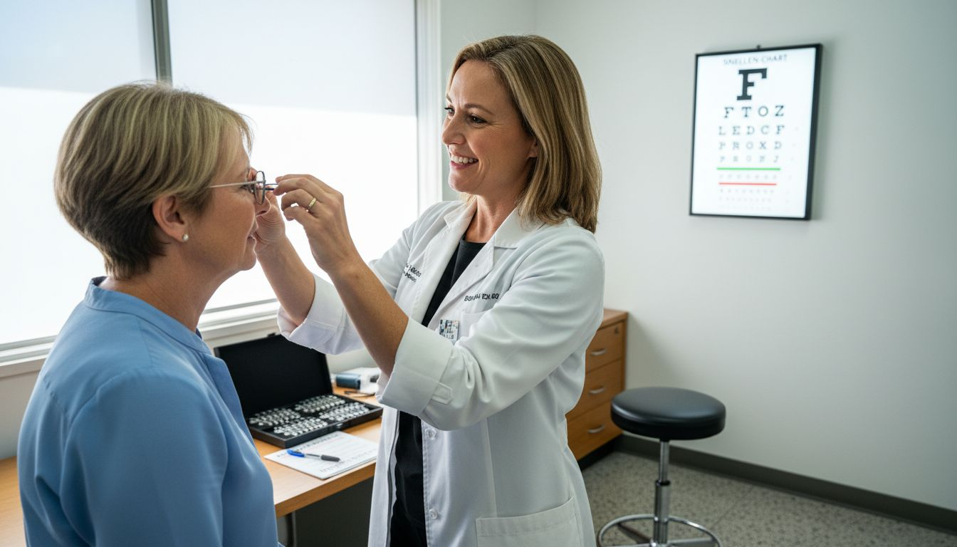Optometrist adjusting patient’s reading glasses