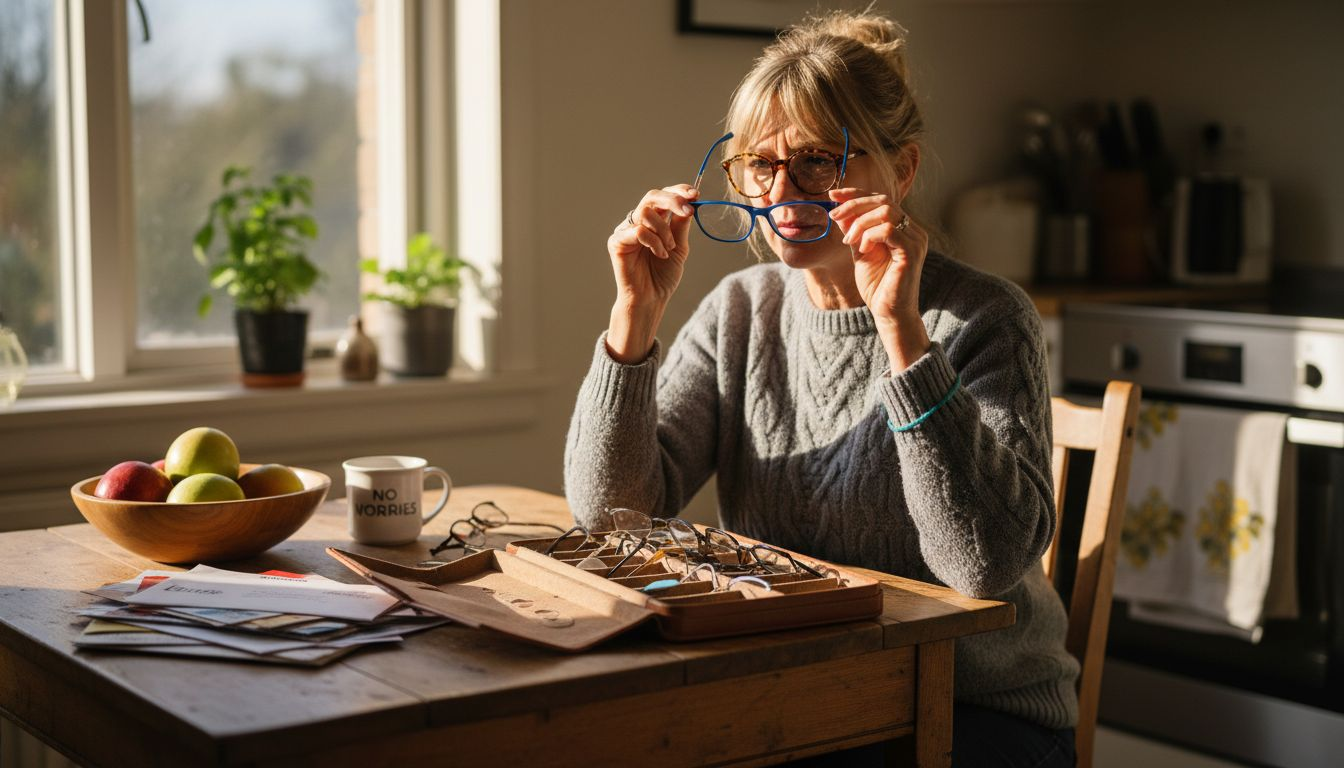 Woman trying reading glasses at table