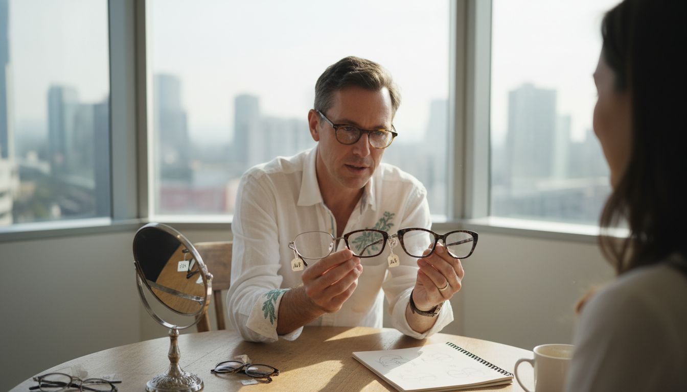 Optician showing multiple glasses frame shapes