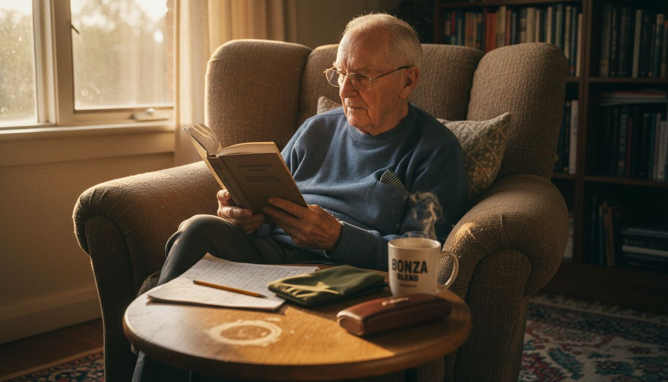 Man using progressive reading glasses in lounge