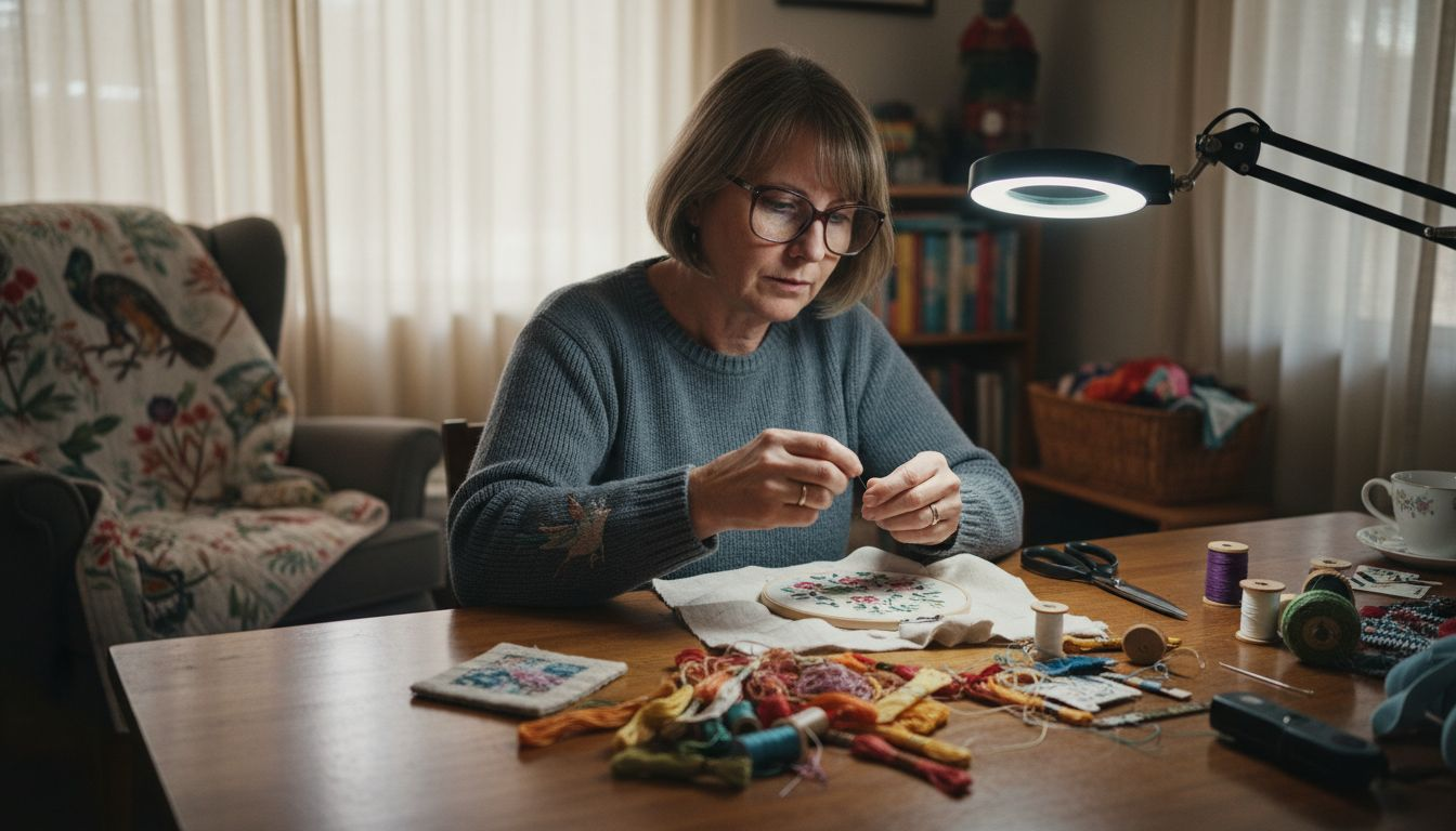 Woman crafting with strong reading glasses