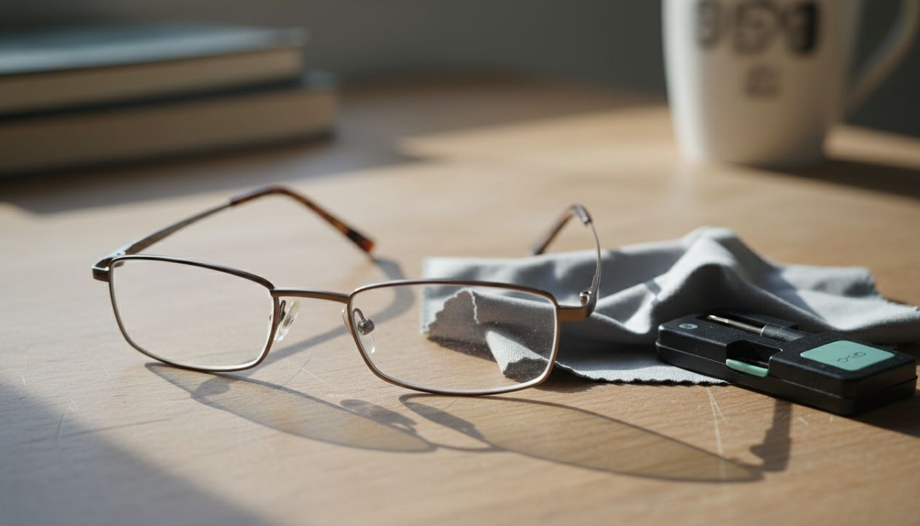 Close-up of reading glasses parts on desk