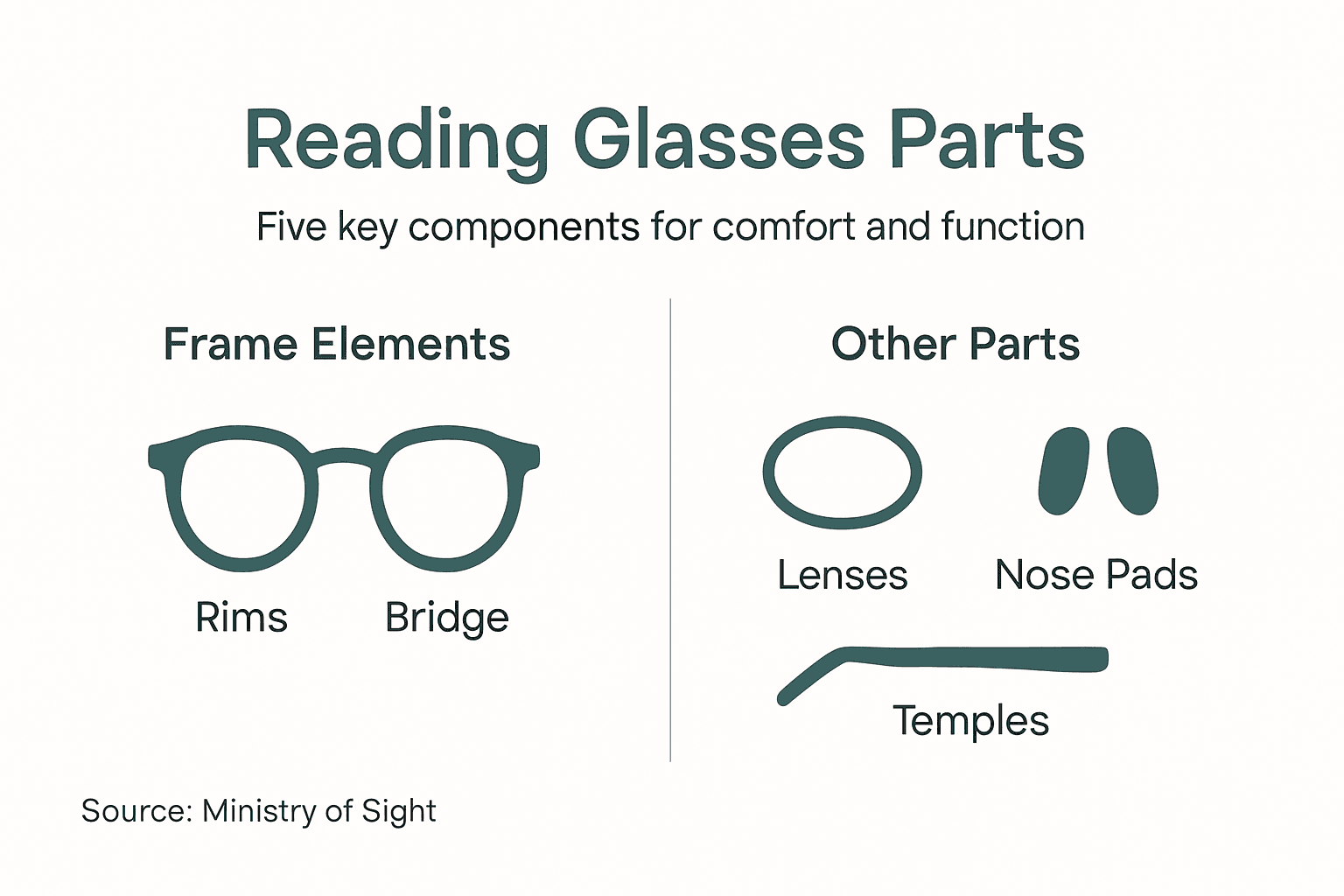 Infographic of reading glasses parts with simple labels