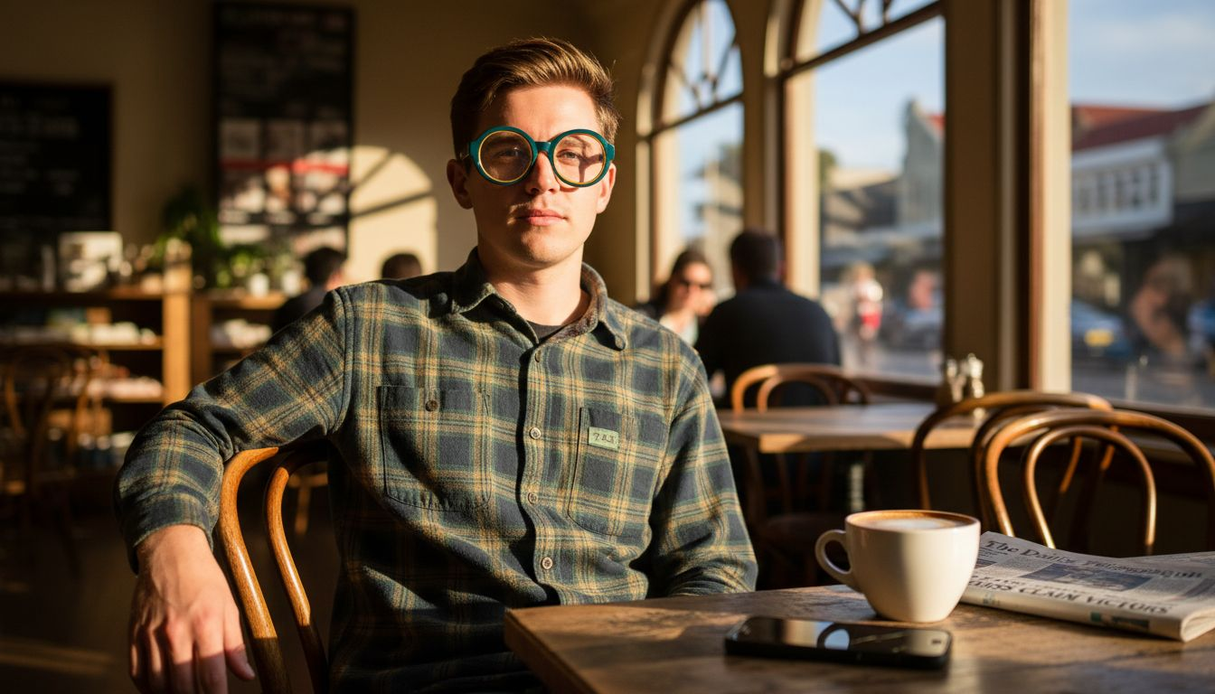 Man at café in retro clear glasses