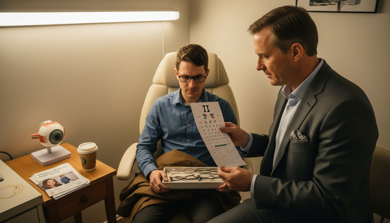 Optometrist giving reading vision test to patient