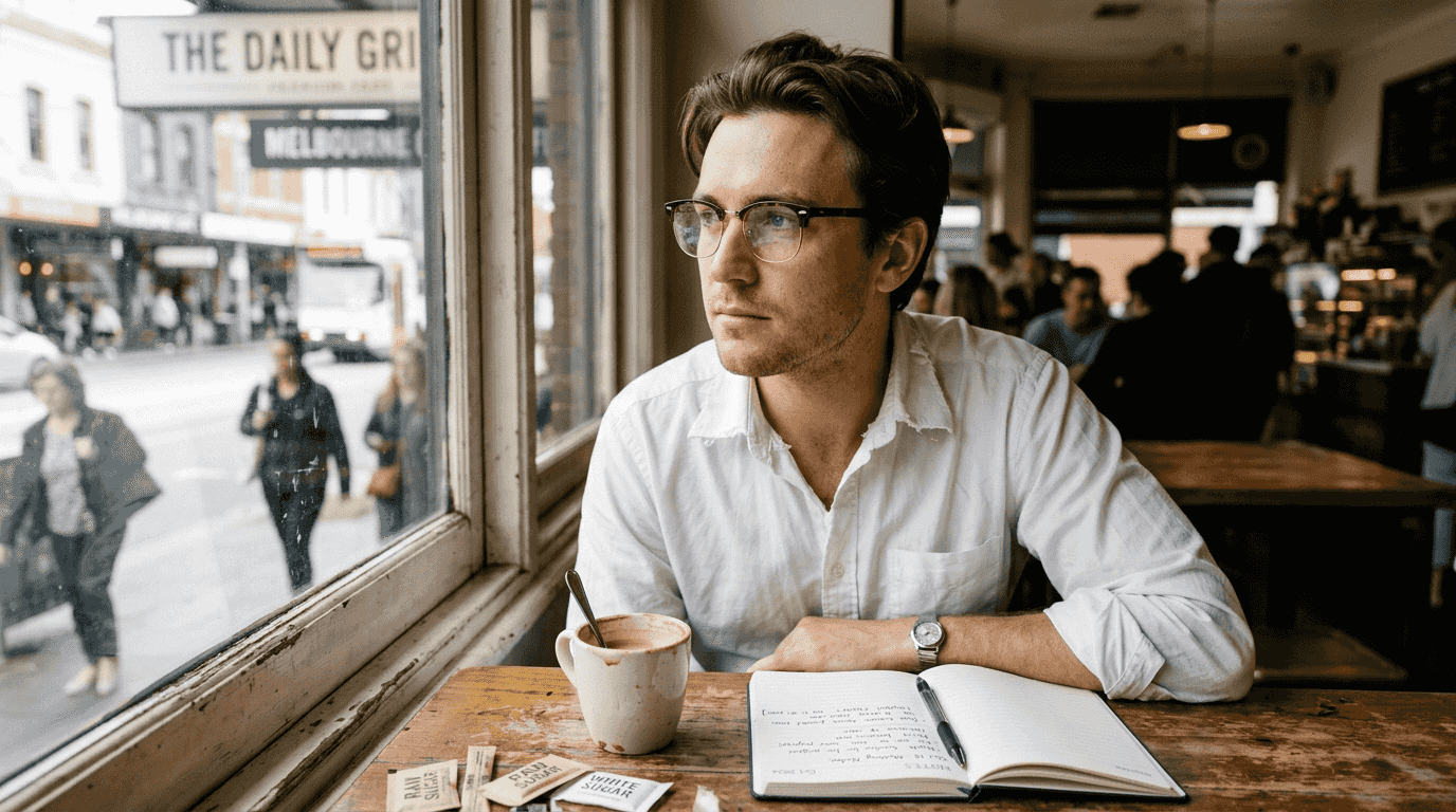 Close-up of browline glasses on man’s face