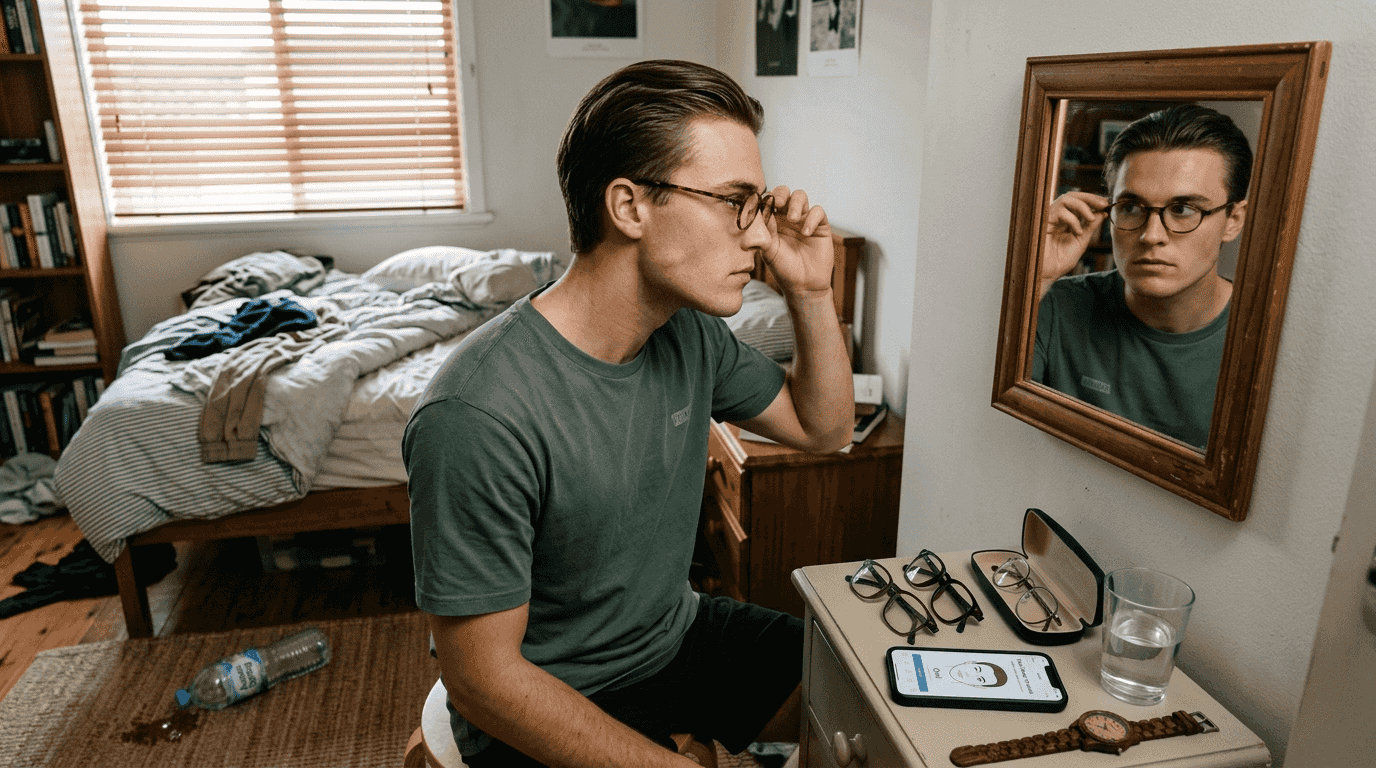 Man trying on oval glasses by mirror