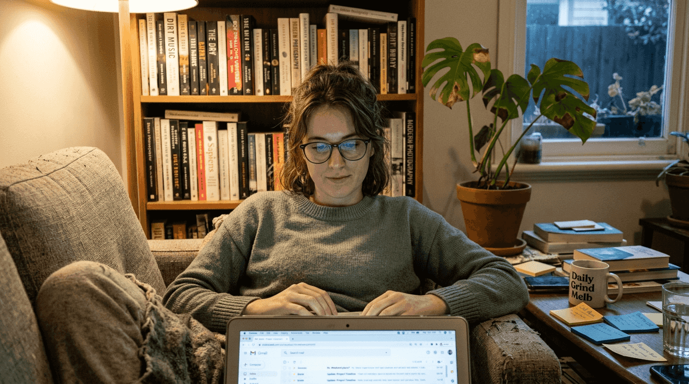 Woman wearing anti-glare glasses reading laptop