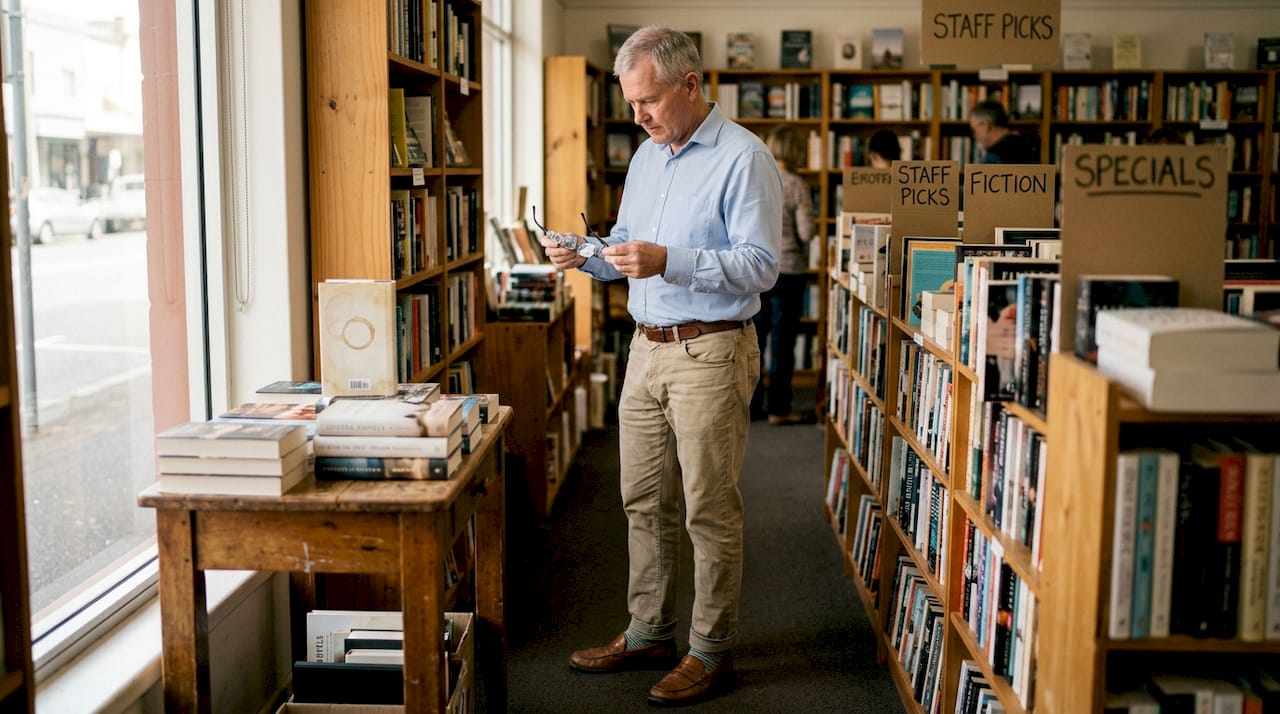Man comparing reading glasses in bookstore