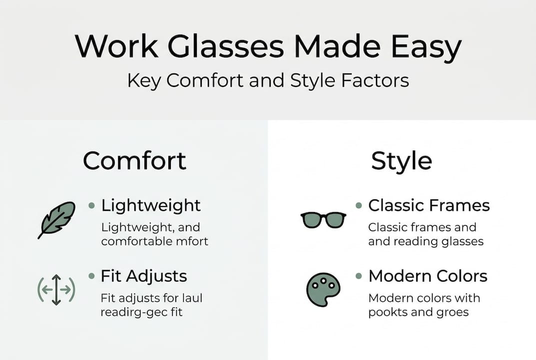 Infographic showing key features for comfortable work glasses