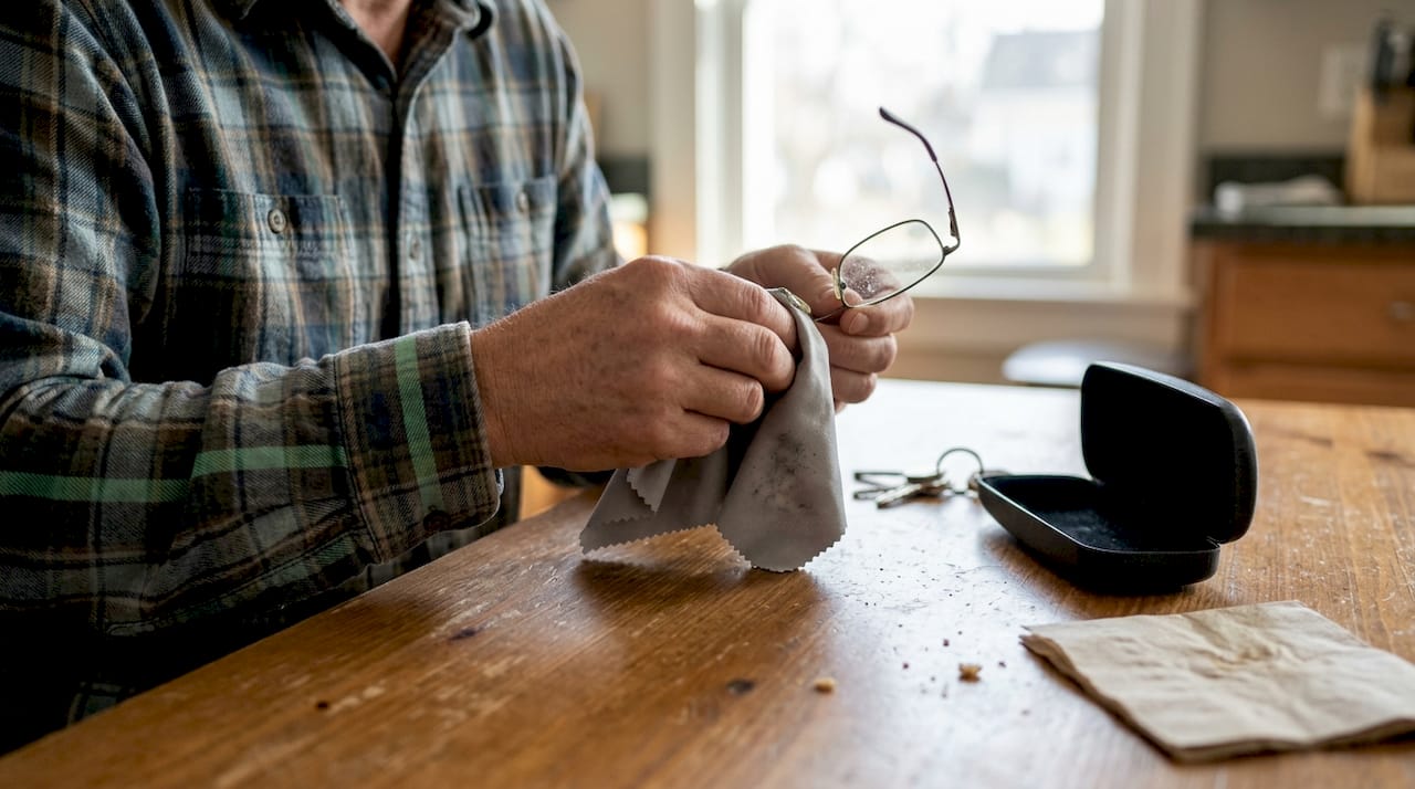 Hands cleaning glasses with microfiber cloth